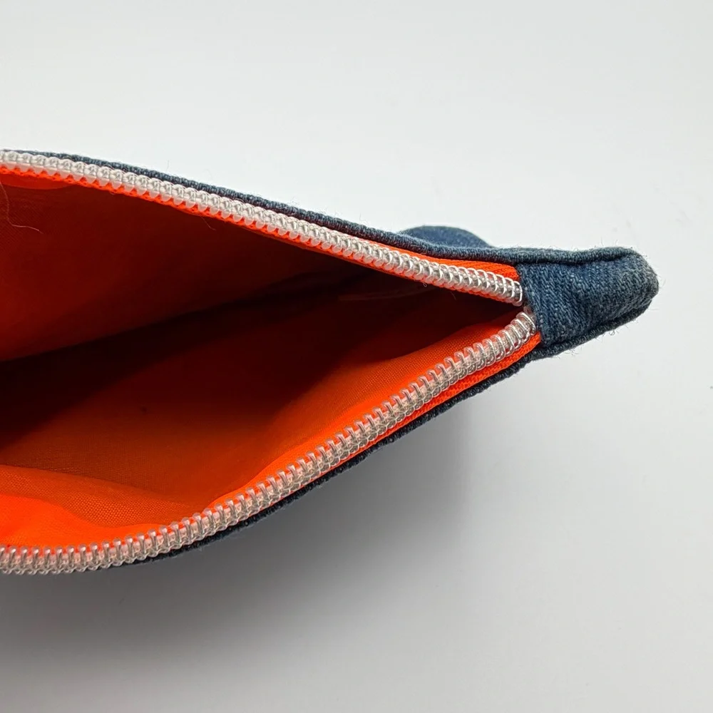 Ipsy Denim Makeup Bag Cosmetic Pouch Orange Lining‎ Zipper Glam Bag
